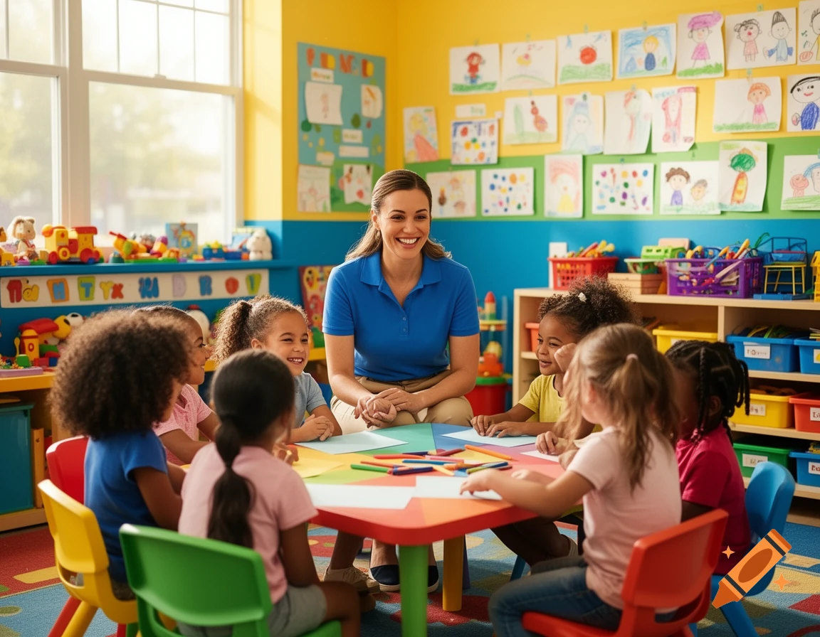 A smiling teacher sits with diverse young children at a table in a brightly colored classroom.