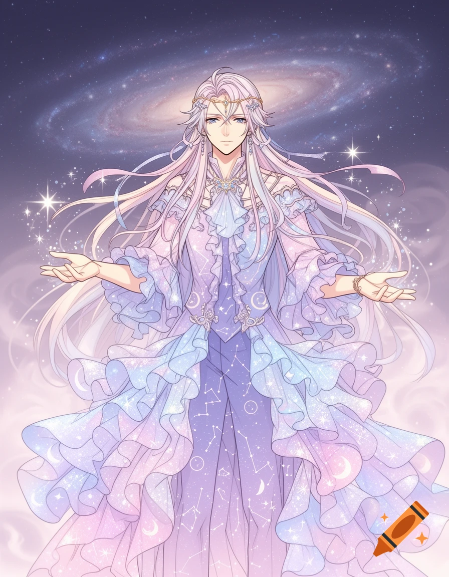Anime male with long pastel hair and a circlet, wearing a ruffled, glittery, space-themed outfit, standing with open hands against a galaxy.