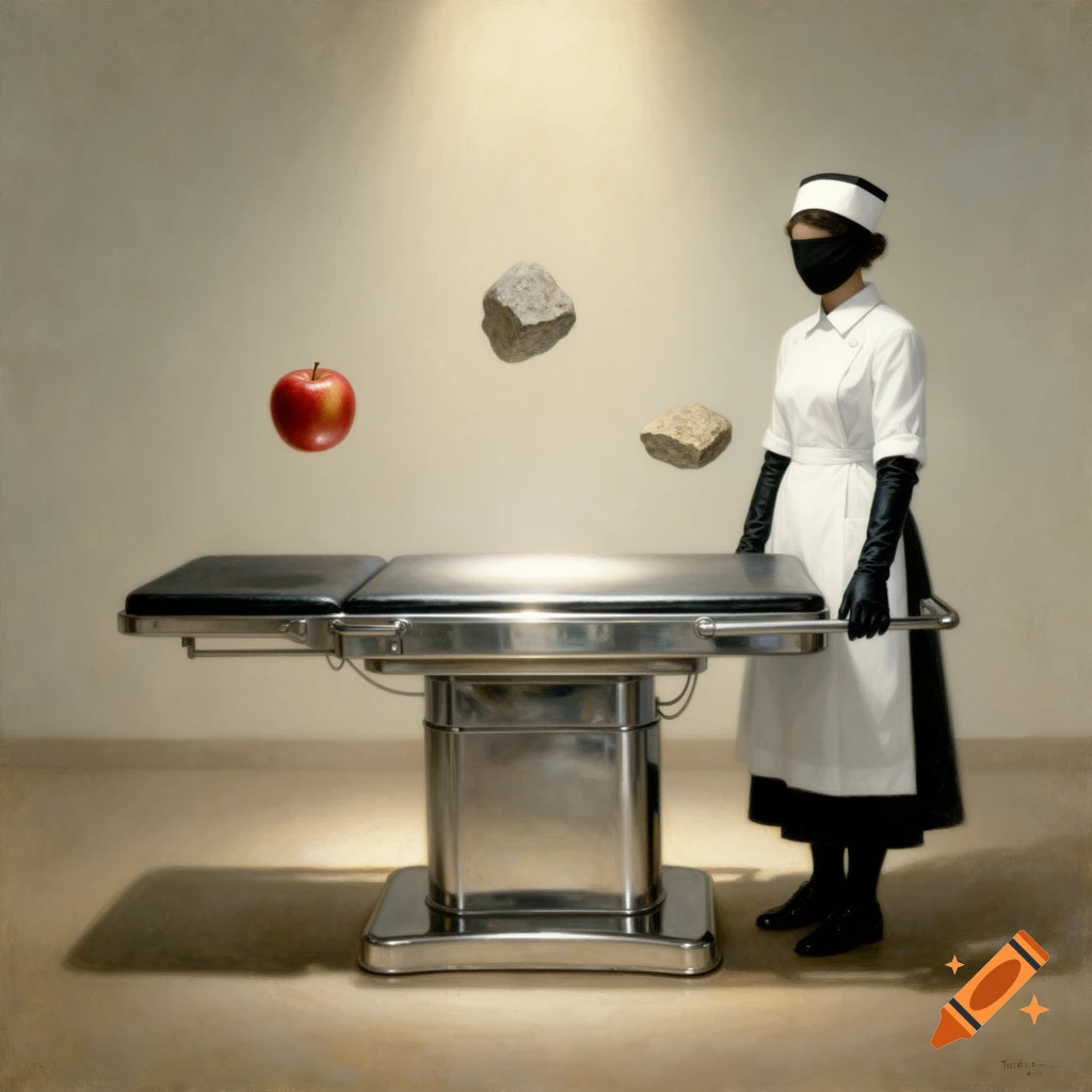 A masked nurse in a white uniform and black gloves stands by a metallic operating table, with a red apple and two rocks floating above it in a surreal style.