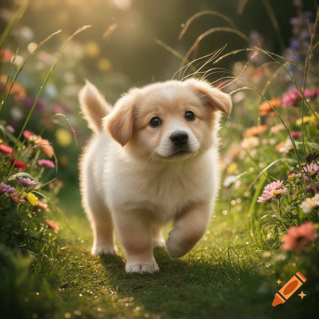 A fluffy golden puppy walks through a sunny field of colorful wildflowers, looking directly at the viewer.