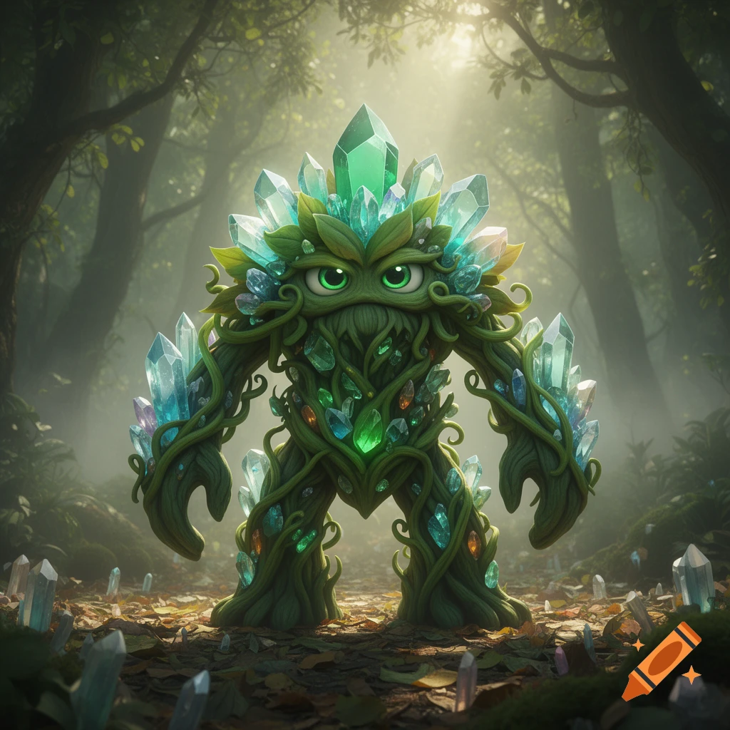 A whimsical plant and crystal monster with large green eyes stands in a misty forest with crystals on the ground.