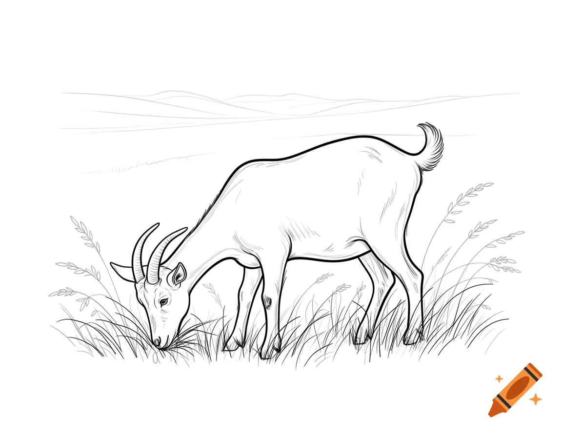 Black and white outline drawing of a goat eating grass in a field.