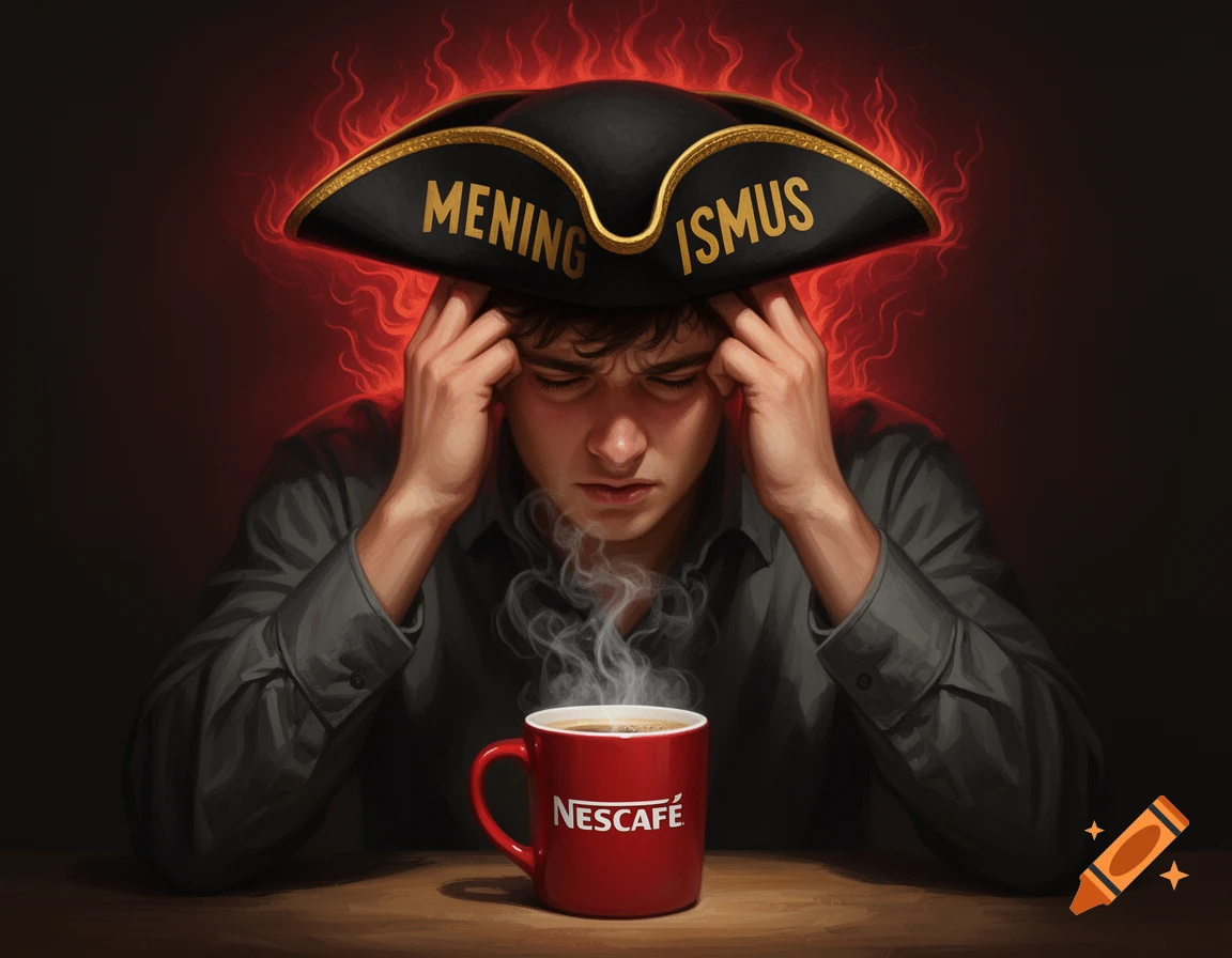 Hyper-detailed digital painting of a young man in pain, holding his head, wearing a pirate hat labeled "MENING ISMUS" with red flames, and a red Nescafé mug with steam.