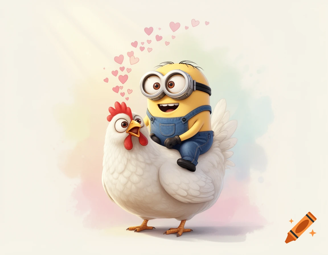A two-eyed Minion character with a big smile rides a white chicken, with pink hearts floating above them against a soft, colorful background.