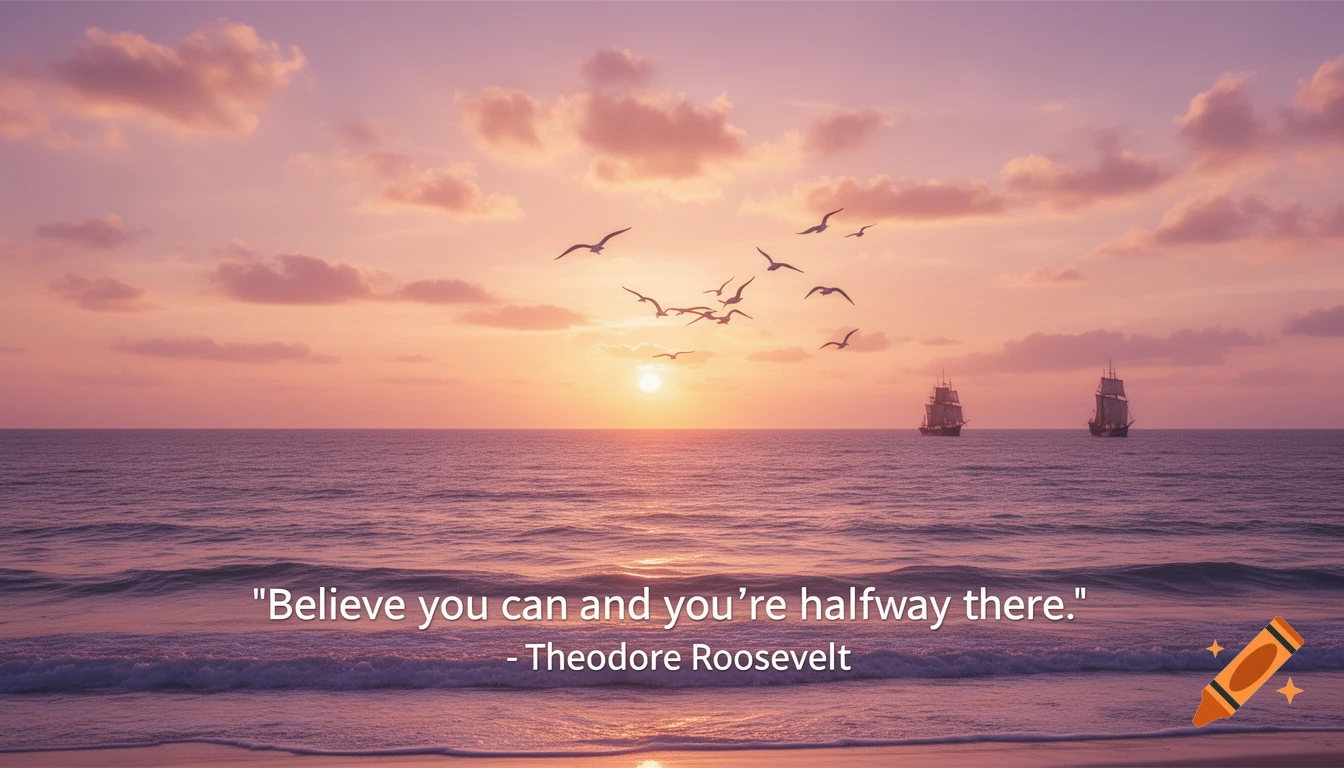 A beautiful sunset over the calm ocean with a flock of seagulls and two sailing ships. An inspirational quote by Theodore Roosevelt is at the bottom.