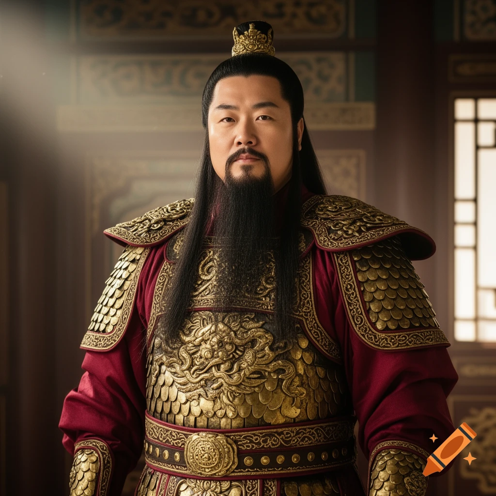 Photorealistic portrait of a regal Chinese man with a long black beard, wearing ornate red and gold traditional king's armor.