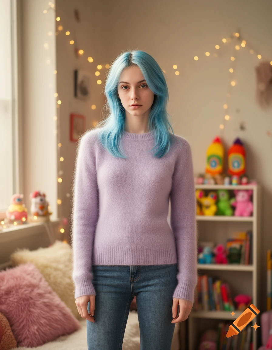 A young person with bright blue hair in a fluffy lavender sweater and blue jeans stands in a cozy room with fairy lights and a bookshelf.