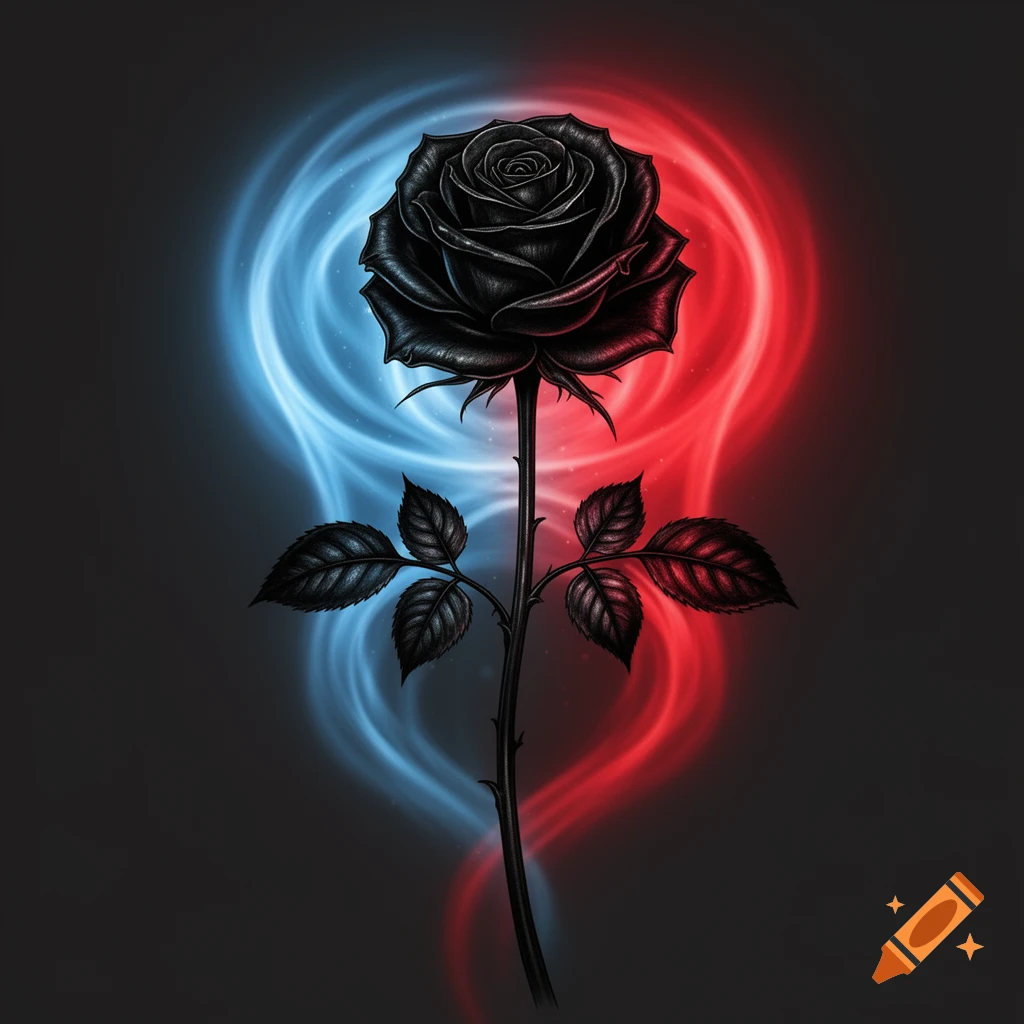 A black rose with a long stem and dark leaves, centered against a swirling red and blue glowing aura on a dark background.