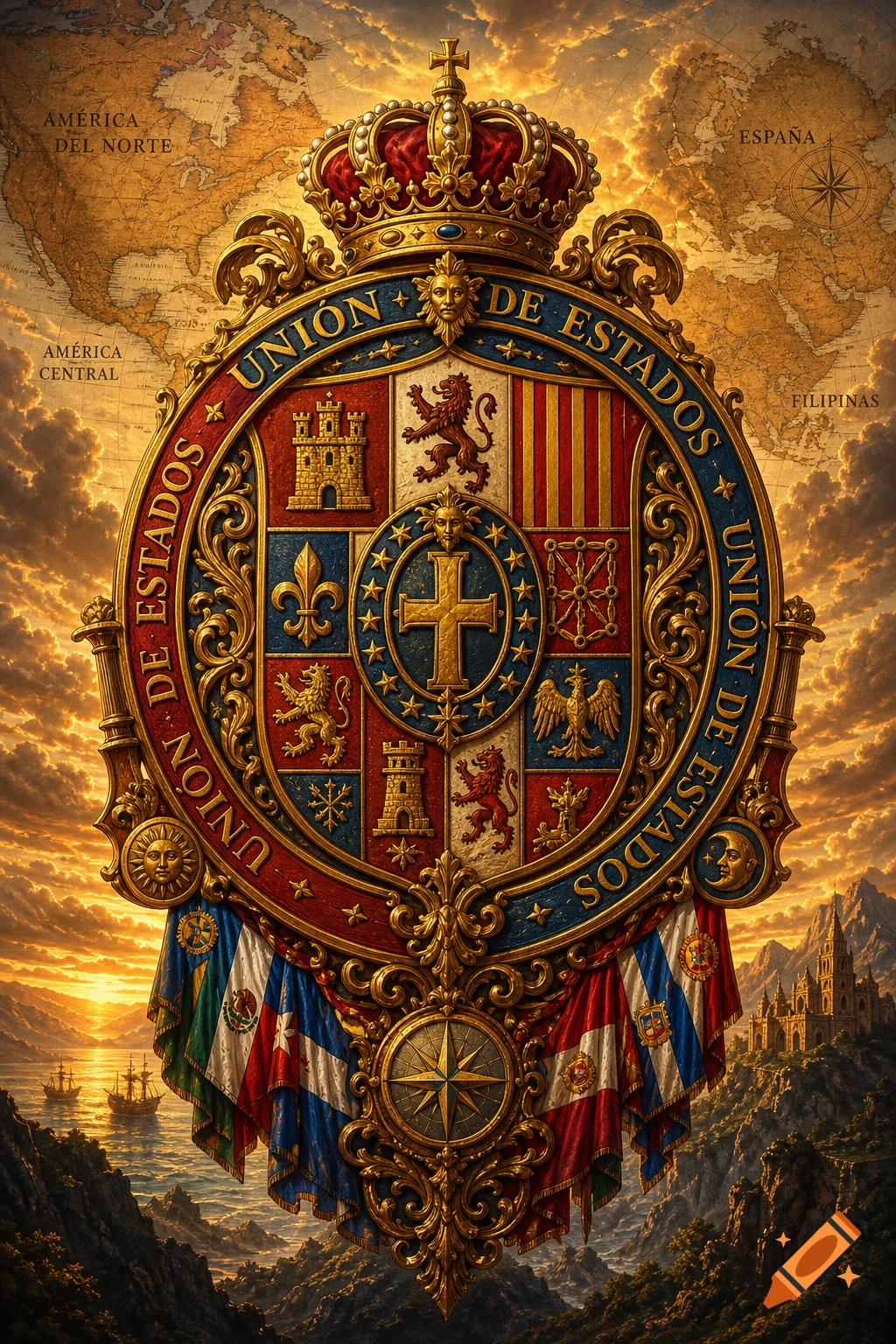 Highly detailed medieval crest with a golden crown, heraldic symbols, and flags, set against a dramatic sunset, old map, and mountains.
