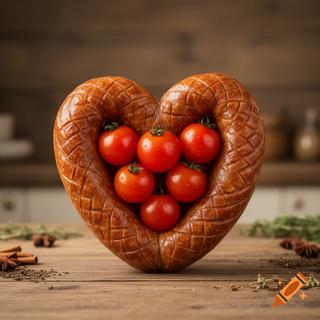 Photorealistic close-up of a heart-shaped sausage filled with red cherry tomatoes on a rustic wooden table.
