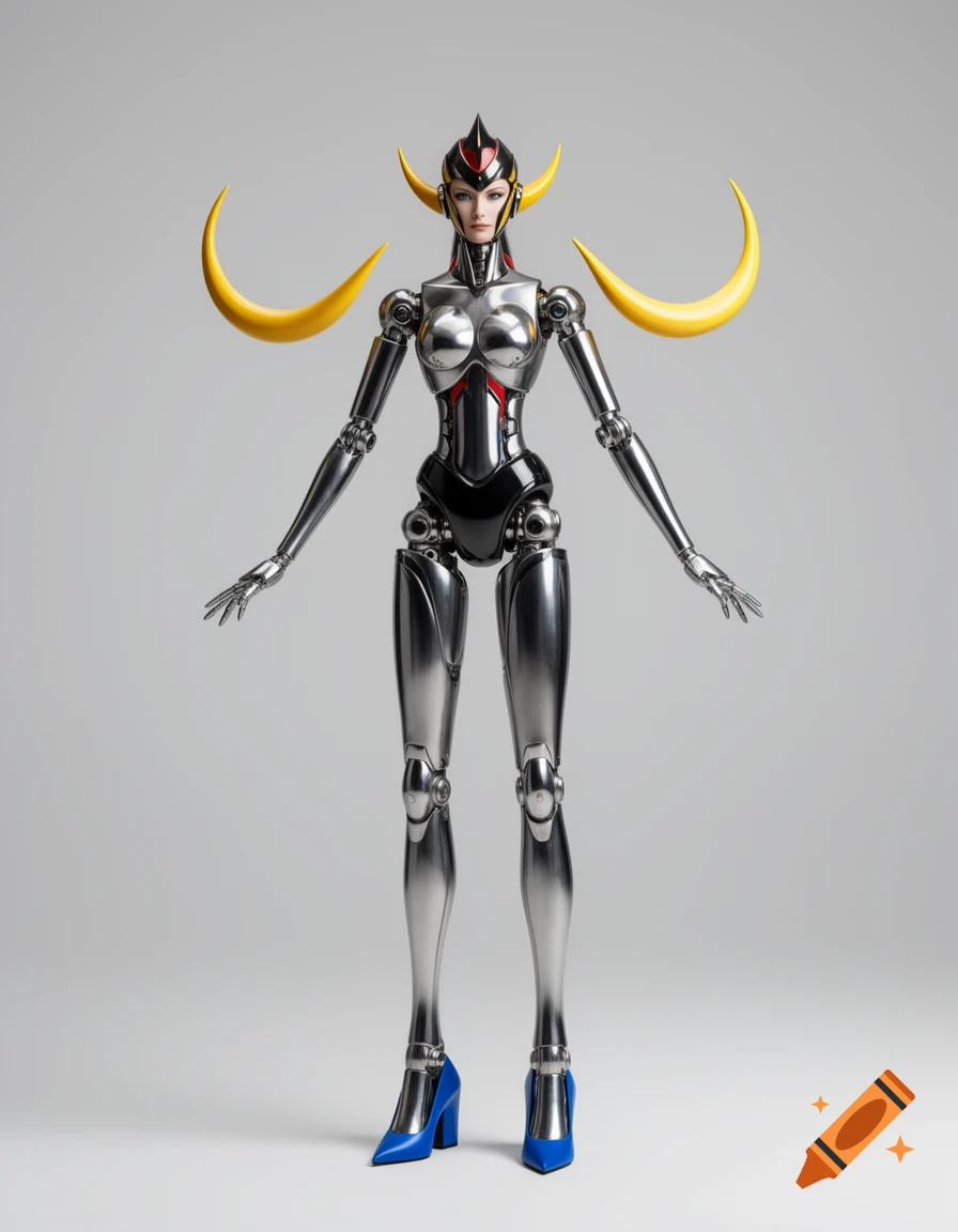 A full-body shot of a silver female android with red and black accents, a helmet with yellow crescent horns, and blue high heels, against a light gray background.