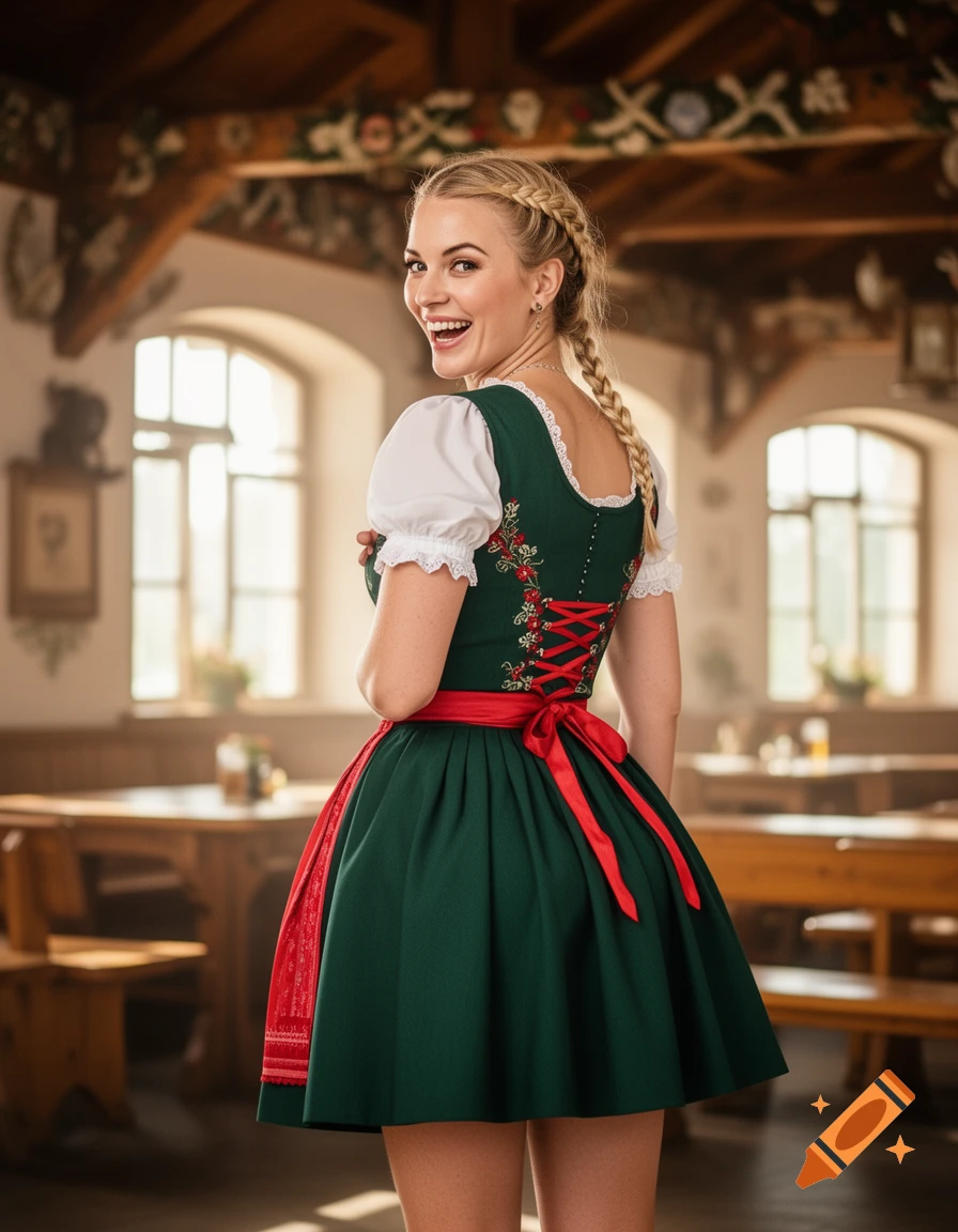 Photorealistic image of a smiling blonde woman in a green and red dirndl, looking over her shoulder in a traditional German interior.