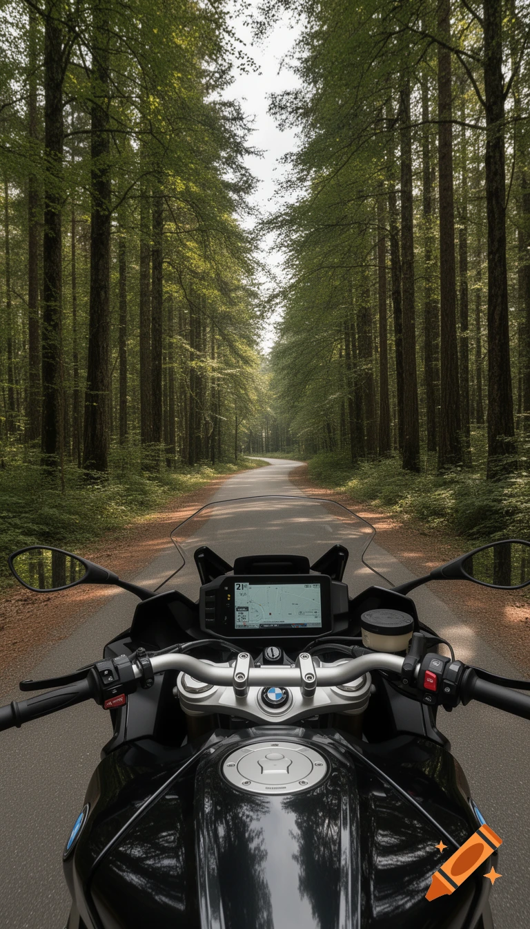 First-person view from a motorcycle cockpit, showing the handlebars, fuel tank, and a digital display, as it travels down a winding road through a lush green forest.