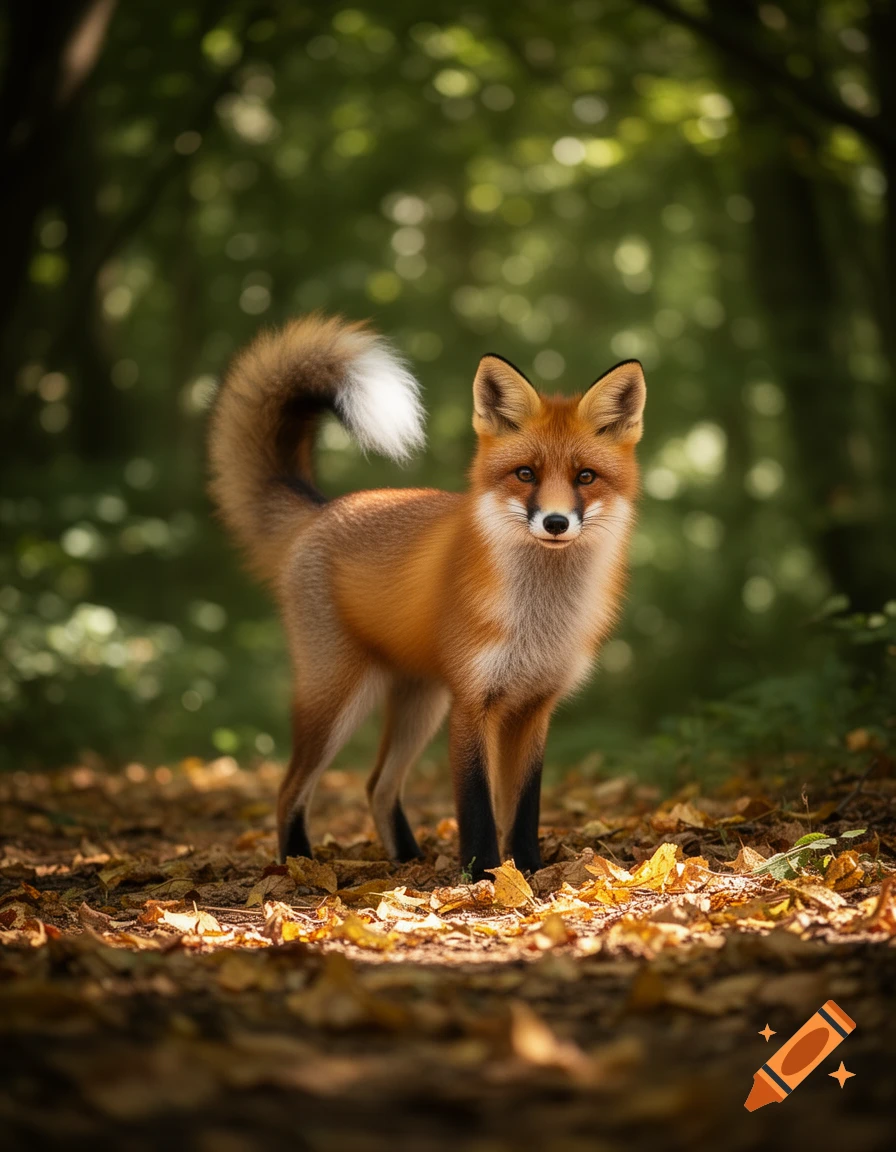 A red fox stands on a carpet of autumn leaves in a sun-dappled forest, looking directly at the viewer.