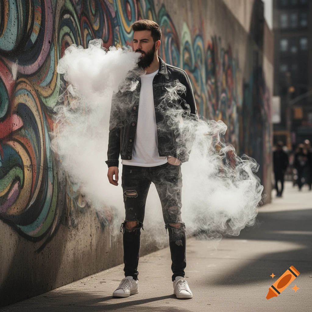Bearded man in a denim jacket and ripped jeans exhales vape smoke against a colorful graffiti wall.