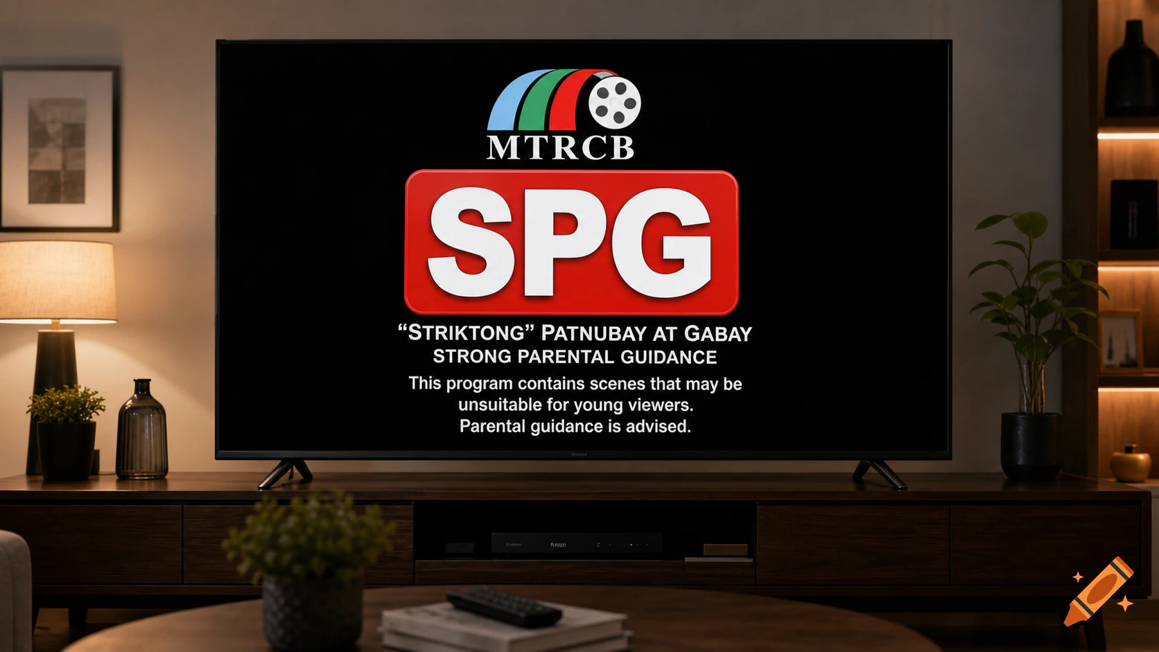A photorealistic image of a TV in a living room displaying an MTRCB SPG parental guidance rating.