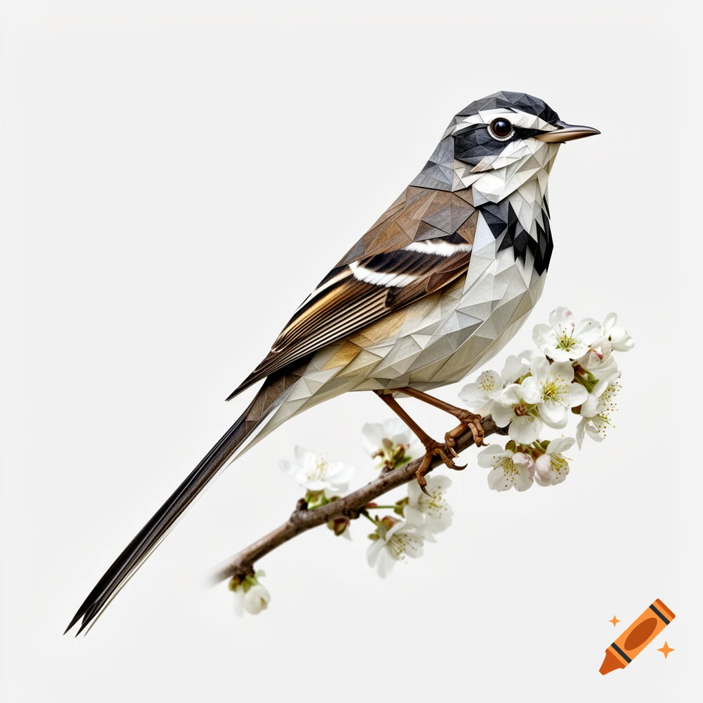 A geometric origami-style bird with black, white, and brown facets sits on a branch with white cherry blossoms against a white background.