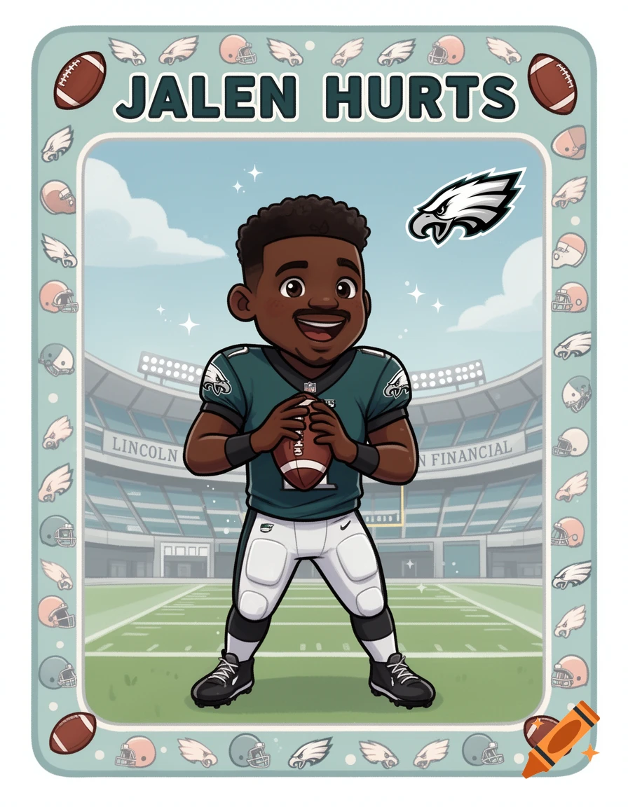 Cartoon trading card of Jalen Hurts in an Eagles uniform, holding a football, in a stadium. 'JALEN HURTS' text above.