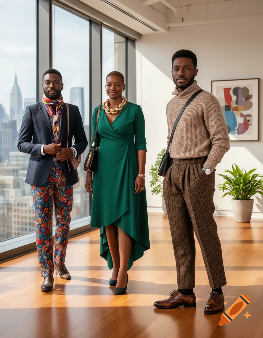 Three well-dressed Black individuals pose in a modern office, showcasing stylish attire with a city skyline backdrop.