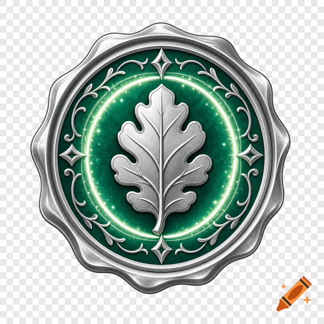 A finely crafted silver seal with a stylized silver oak leaf on a sparkling green background, encircled by a ring of light.