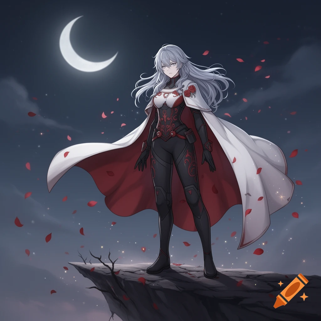 Anime woman with long silver hair wearing a red and black suit and a white cape, standing on a cliff under a crescent moon with falling rose petals.