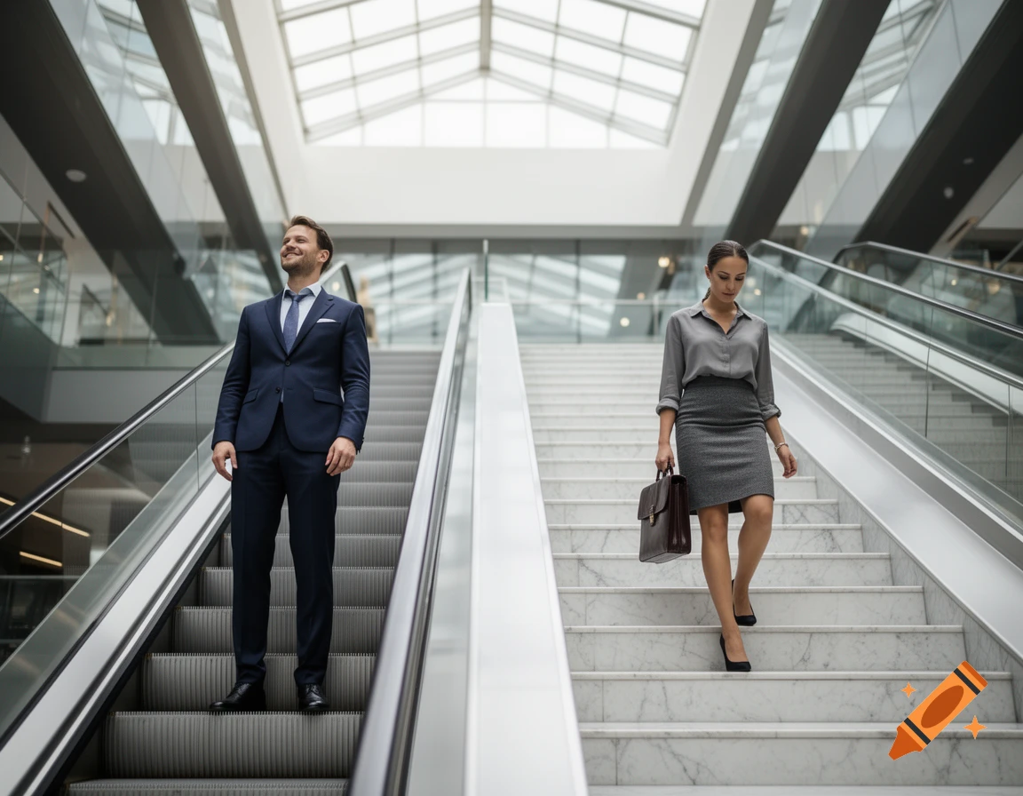 A man smiles on an escalator ascending as a woman walks down marble stairs in a modern building.