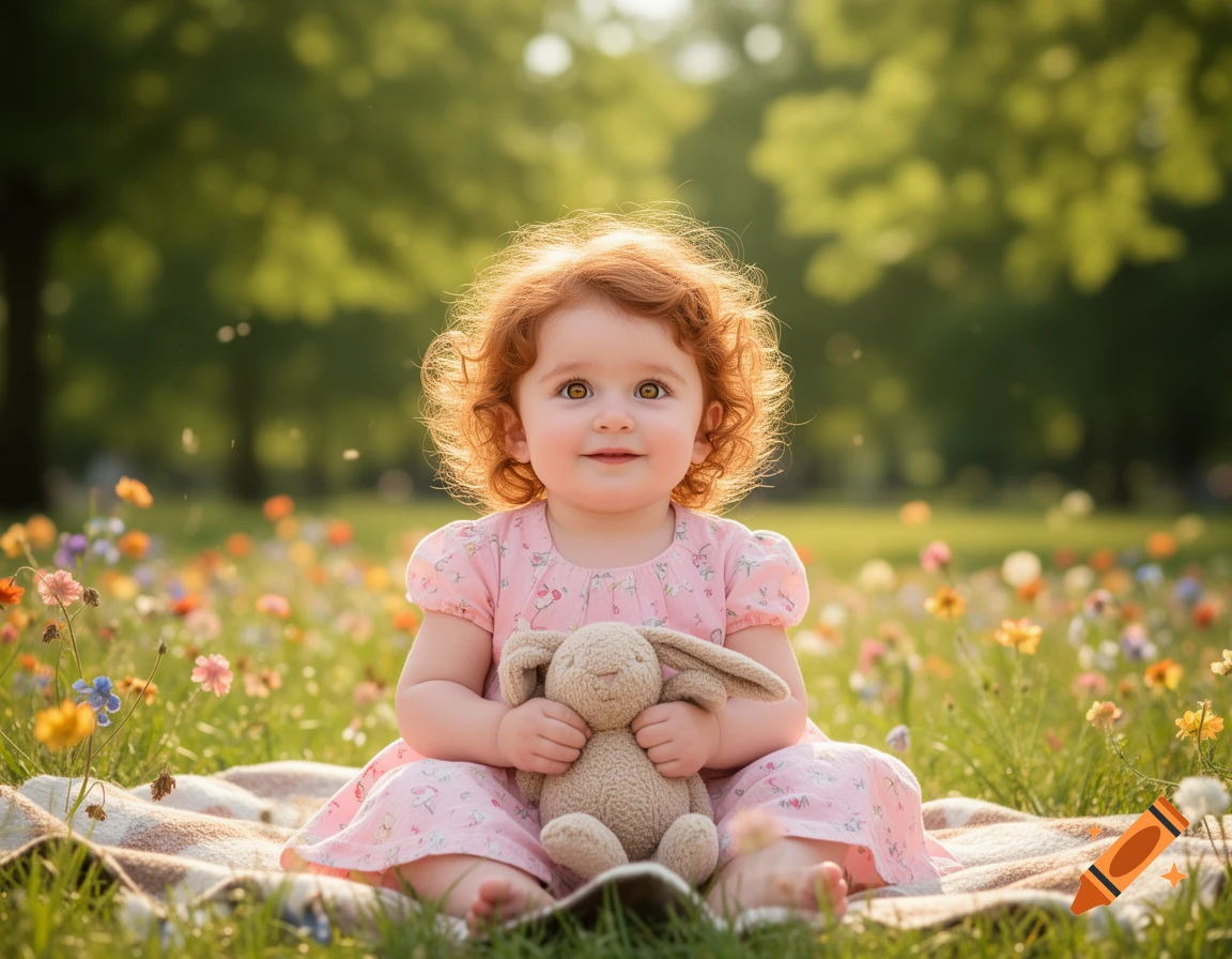 A smiling baby with red curly hair sits on a blanket in a field of colorful wildflowers, holding a stuffed bunny.