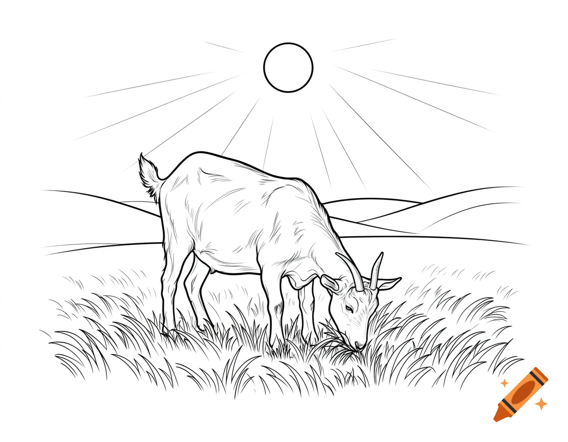 Black and white outline drawing of a goat eating grass in a field under a sun.