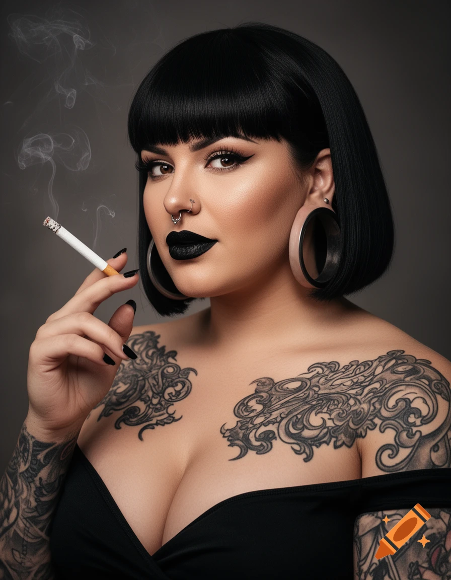 Close-up portrait of a woman with black bob hair, dark makeup, tattoos, piercings, and large ear gauges, smoking a cigarette.