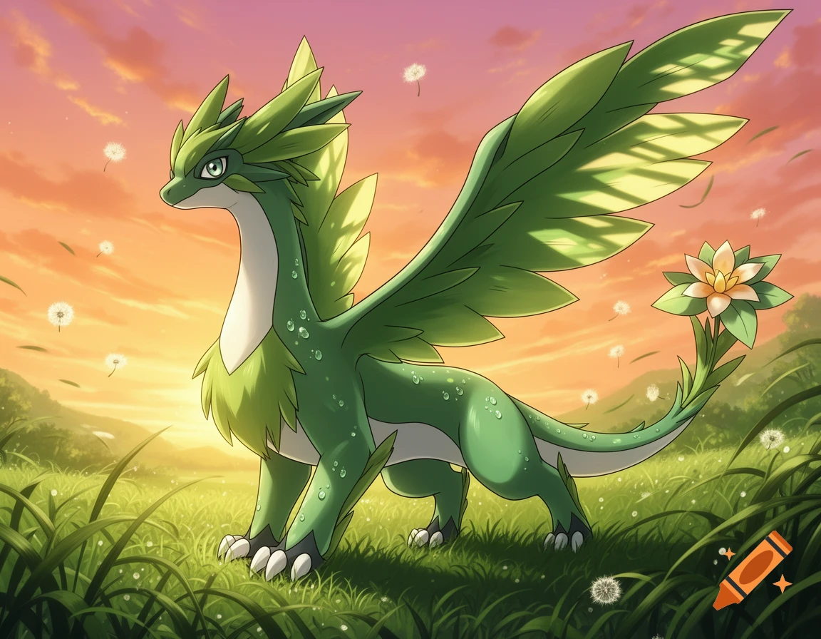 A green, leafy grass dragon with large wings and a flower on its tail stands in a field of dandelions at sunset, in a cartoon style.