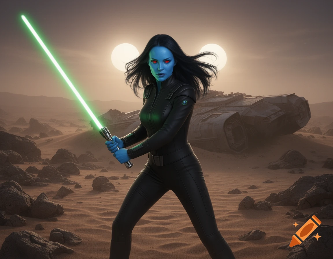 A blue-skinned Chiss woman with red eyes wields a green lightsaber on a desert alien planet with a crashed spaceship and two suns.
