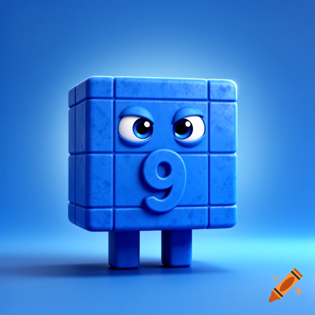 A blue, blocky, toy-like character with large eyes and the number 9 on its front, against a blue background.