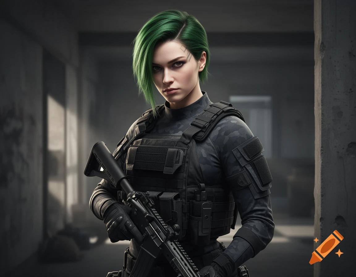 A woman with short green hair, wearing a black tactical suit and vest, holds a rifle and stares intently in a dimly lit corridor, photorealistic style.