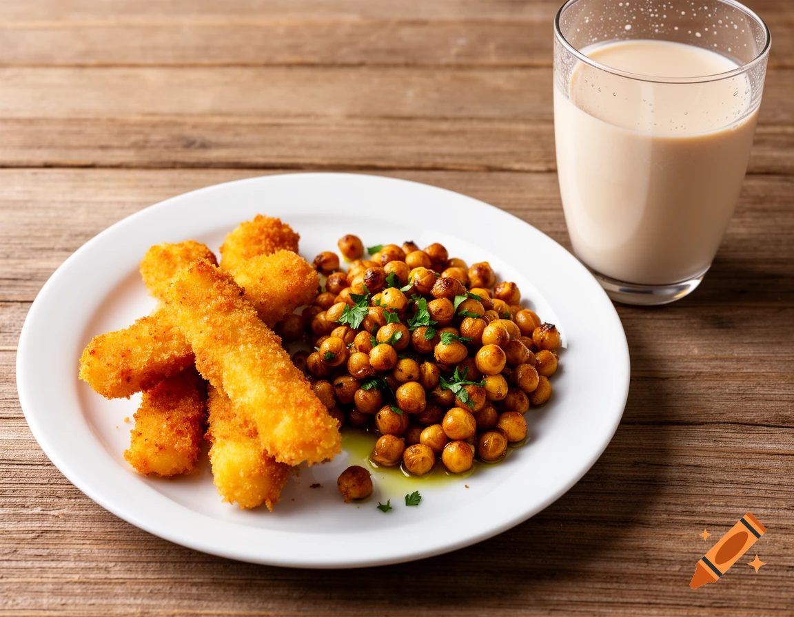 A plate of golden fish sticks and roasted chickpeas with parsley, alongside a glass of soy drink on a wooden table.