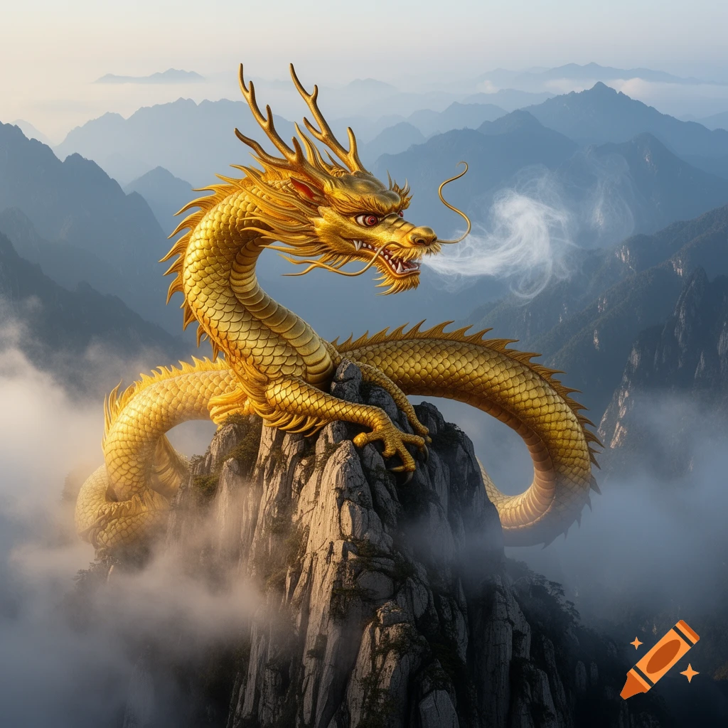 A majestic golden Chinese-style dragon perches atop a rocky mountain peak amidst a misty, mountainous landscape, breathing smoke.