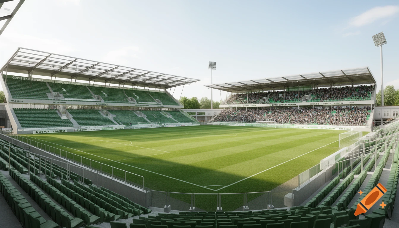 A wide view of a modern football stadium with green seats and a bright green field, under a clear sky. Some stands are full of spectators, others are empty.