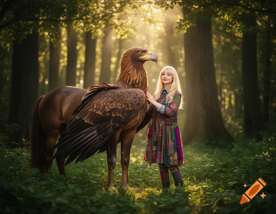 Luna Lovegood, a blonde girl in a colorful dress, gently pets a majestic hippogriff in a sun-dappled forest.