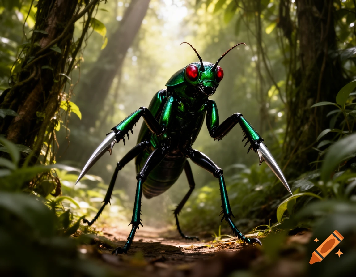A large, metallic green insectoid creature with red eyes and blade-like forelegs stands on a jungle path.