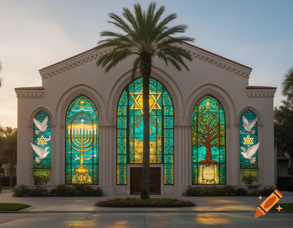 Photorealistic image of a synagogue with large stained glass windows depicting a menorah, Star of David, doves, and a tree of life, with a palm tree in front.