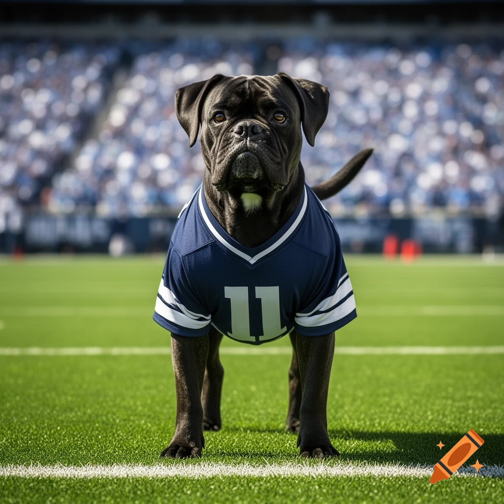 A black boxer dog wearing a blue football jersey with the number 11 stands on a green football field in a stadium.