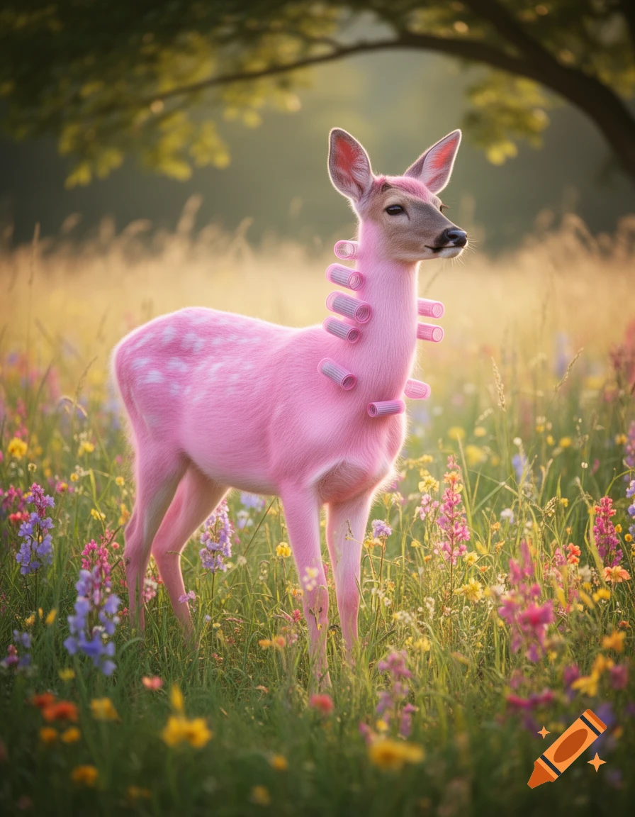 A photorealistic pink deer with pink hair curlers on its neck stands in a sunny meadow filled with colorful wildflowers.