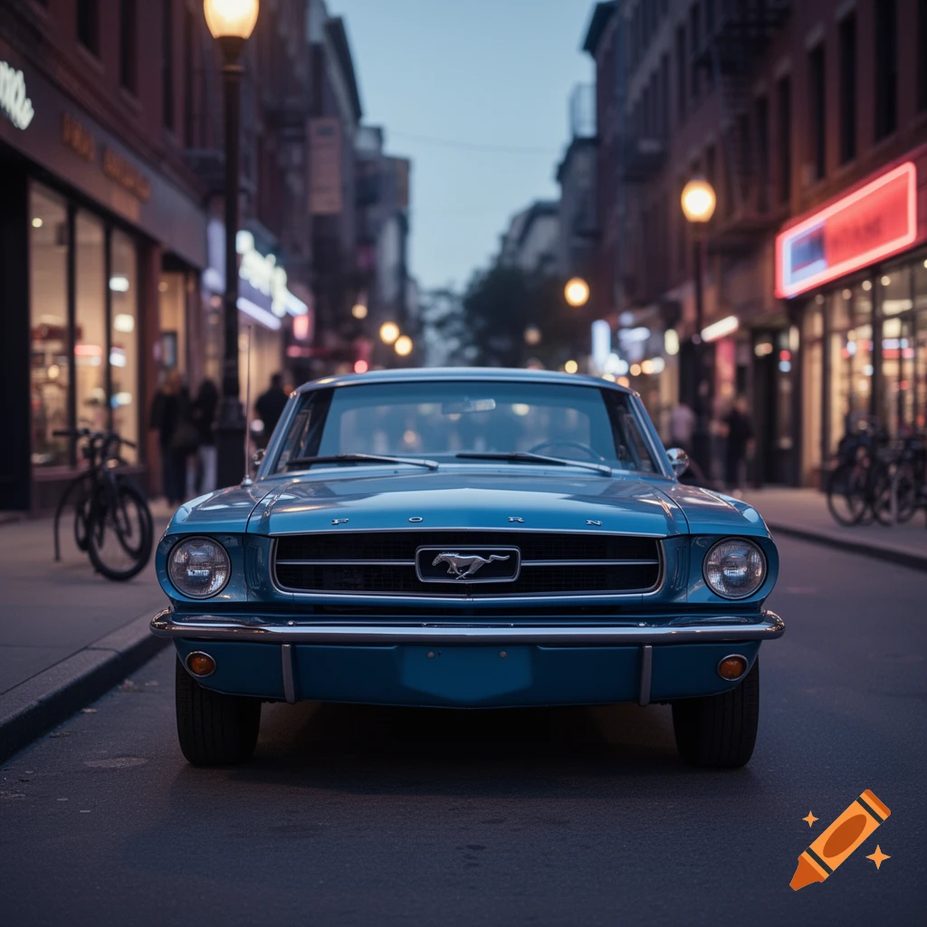 A front view of a blue classic Ford Mustang parked on a city street at dusk, with glowing streetlights and storefronts.