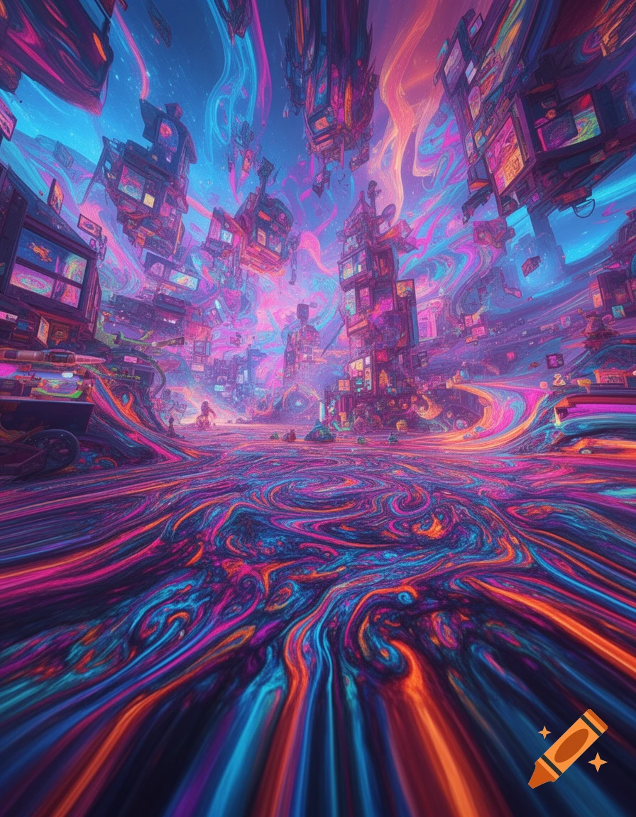 A vibrant, psychedelic abstract landscape with swirling neon colors and distorted, floating city structures, viewed from a low perspective.