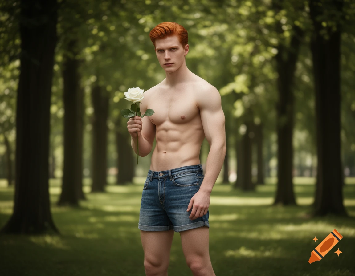 Red-haired, bare-chested man in denim shorts holding a white rose, standing in a sunlit wooded park.