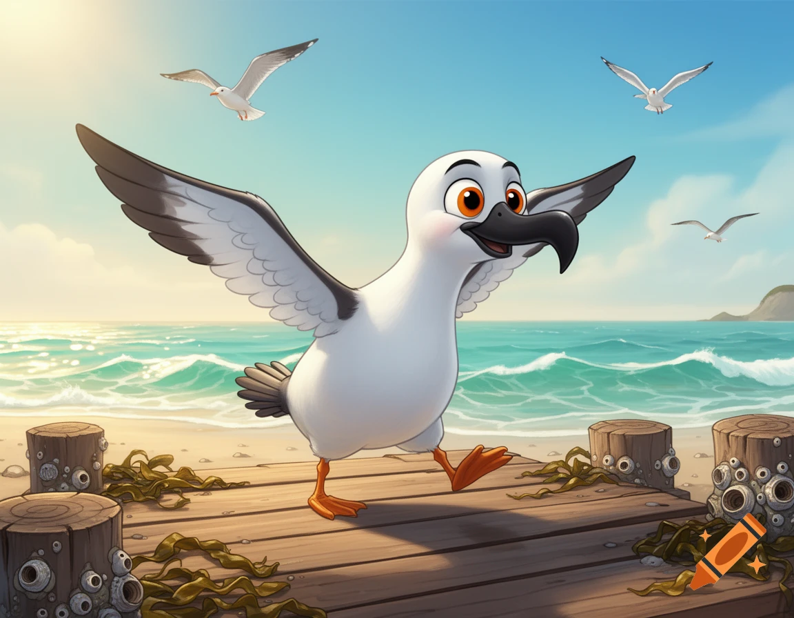 A cartoon seagull with orange eyes and a black beak stands on a wooden dock at a sunny beach, with more seagulls flying above the ocean.