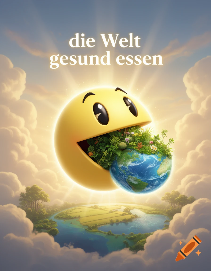 A glowing yellow Pac-Man-like character eats an Earth globe filled with lush green plants, set against a cloudy sky with a landscape below. Text reads 'die Welt gesund essen'.
