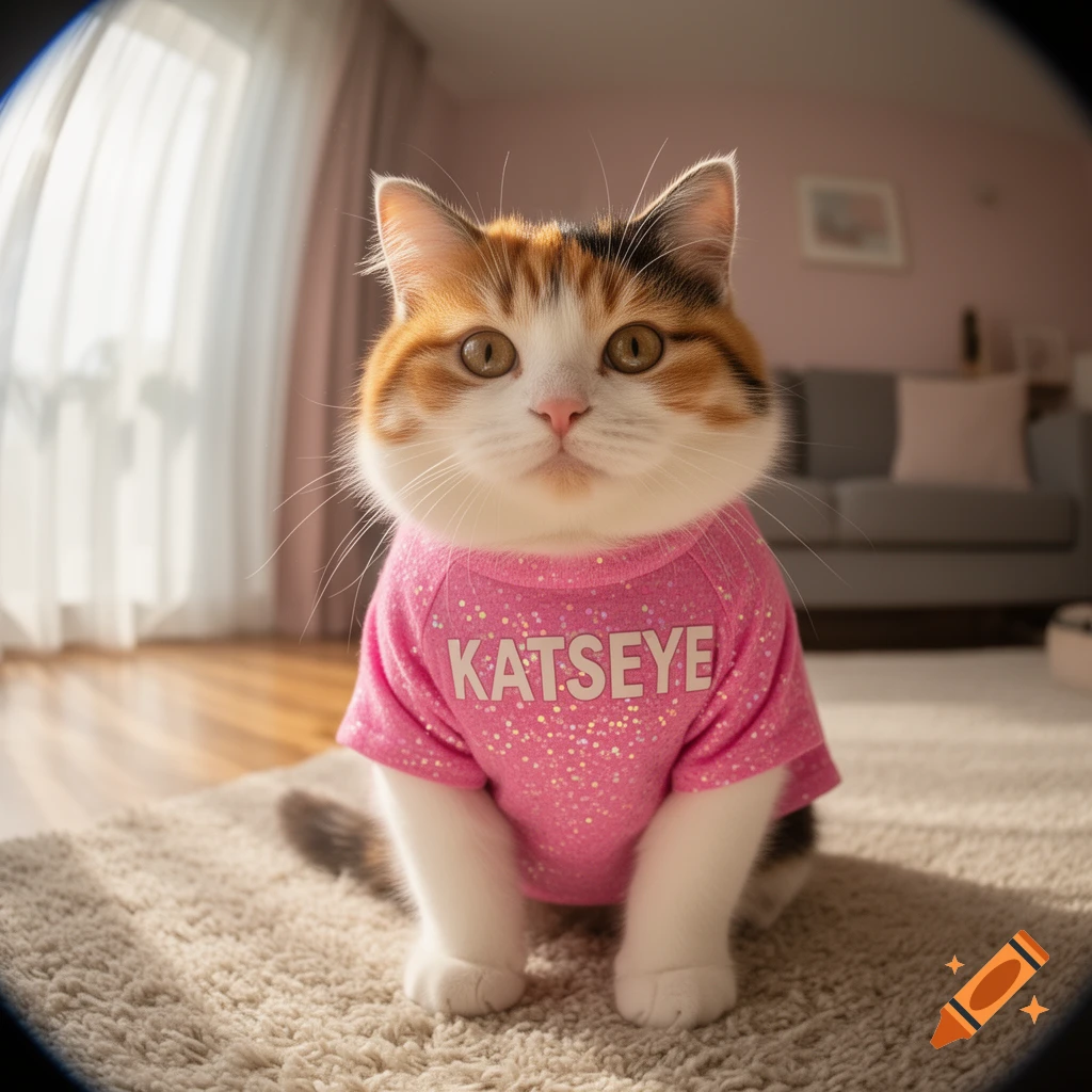 A photorealistic calico cat sits on a rug, wearing a pink sparkly t-shirt with "KATSEYE" written on it.