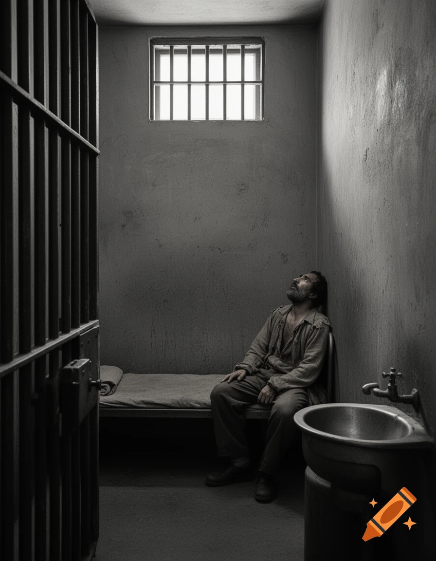 A lone man sits on a bed in a dark, barren prison cell, looking up at the barred window, in a somber black and white photograph.