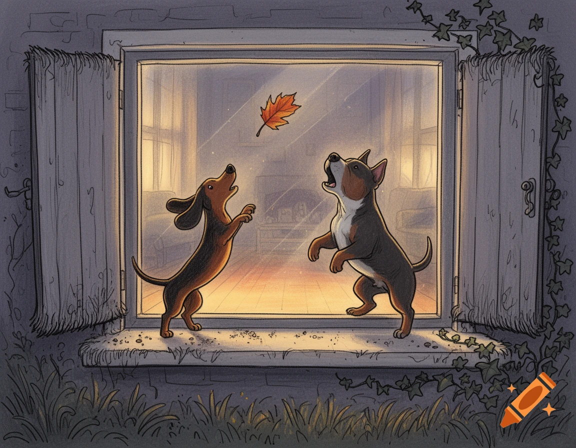 Two cartoon dogs, a dachshund and a bull terrier, stand on a window ledge at dusk, barking at a falling autumn leaf.