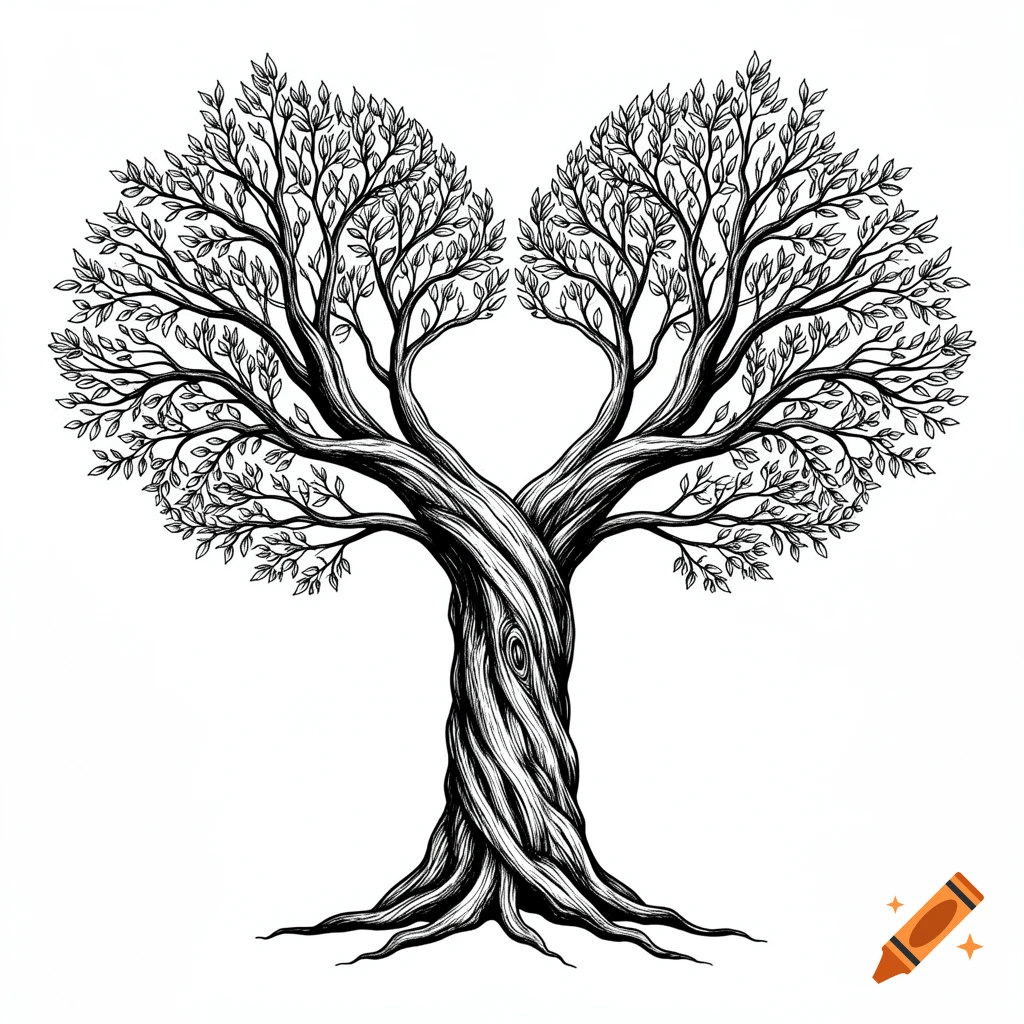 Black and white line art illustration of two intertwined trees whose leafy crowns form a heart shape.